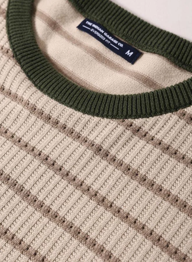 The Indian Garage Co Men Oversized Fit Textured Crew Neck Half Sleeves T-Shirt